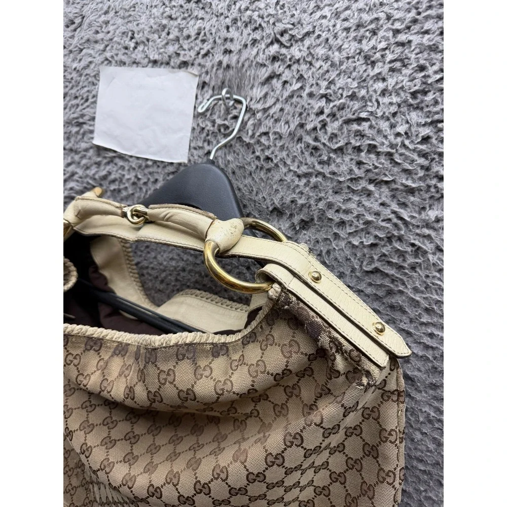 Gucci GG Women's Monogram Canvas Large Horsebit Hobo Shoulder Bag Beige